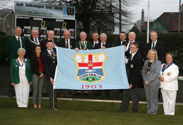 Club officals, officals and guests pictured at the offical opening of the new season at Coleraine Bowling Club last Friday evening. INCR14-326PL