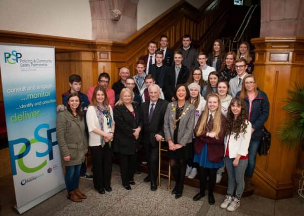 Participants in the Creating Space Transformers Project pictured on a visit to the Guildhall where they were greeted by former Mayor of Londonderry Brenda Stevenson and Councillor Drew Thompson, Chair of the Derry PCSP.
