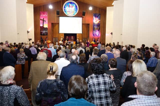 Pastor Yvonne Payne leads the closing Worship at the Easter Celebration in Ballymoney Church of God. inbm16-15