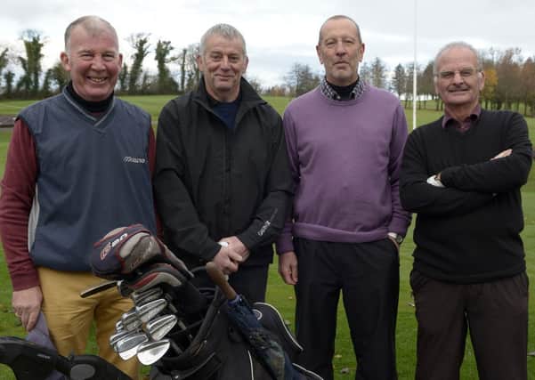 Peter Hillen, Jim Mathews, Roy McAfee and Bob Geddis out bright and early on the first tee at Banbridge Golf Club © Edward Byrne Photography INBL1447-238EB