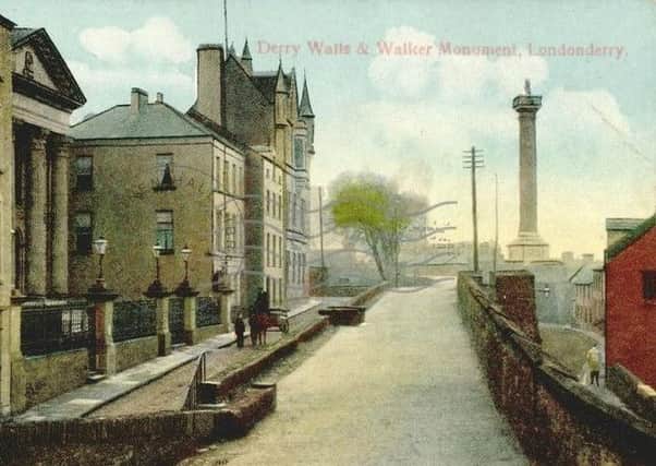 This postcard of the 'Derry Walls and Walker Monument,' is among the many images that can now be sent anywhere in the world with the Linen Hall Library postcard application.