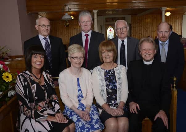 Rev Dr David Latimer, seated, pictured at the installation of Elders at Monreagh Presbyterian Church, Carrigans, on Sunday, from left, seated Jean Long, Sarah Hunter and Margo Rankin, standing, Ian Rankin, Clerk of Session, Ronald McClintock, Ian McCracken and John Vance. INLS1515-184KM