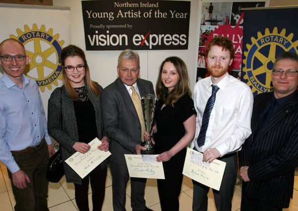 Leslie Crawford, President of Ballymena Rotary Club, present the first place award for the NI Young Artist of the Year to Sasha McVey, during the recent presentation evening in The Braid. Included are Andrew Haire (4th), Naimh McConaghy (2nd), Roy McKeown (Chairman NI Young Artist of the Year) and John Brodrick (Vision Express). Absent from the photo is Jessica McFee who finished third. INBT17-203AC