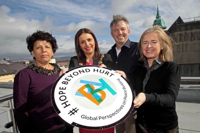 Hope Beyond Hurt -  Mayor of Derry City and Strabane District Council, Councillor Elisha McCallion, are(L-R) Laila Atshan, Giles Duley and  Mairéad McClean.