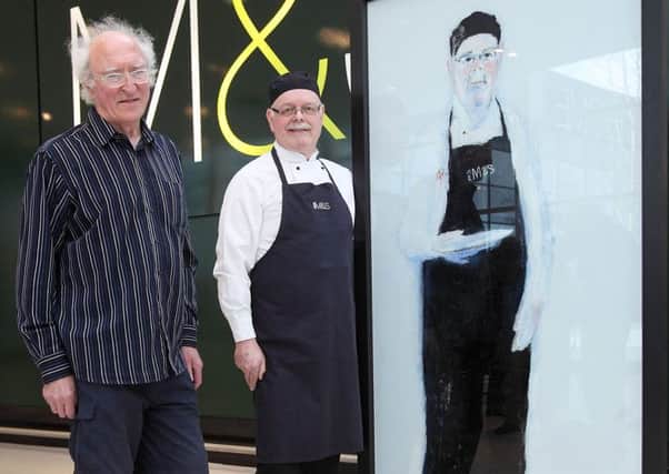 Hillsborough artist Neil Shawcross and Marks & Spencer chef Brian McCord unveiling a painting of Mr McCord at the M&S Sprucefield store. US1515-513cd  Picture: Cliff Donaldson