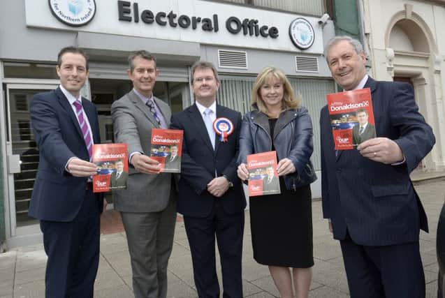 Lagan Valley DUP Candidate Jeffrey Donaldson MLA and Election Agent Uel Makin with MLA's Paul Given, Edwin Poots and Brenda Hale ©Edward Byrne Photography INBL1514-220EB