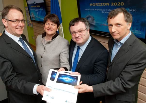 Enterprise, Trade and Investment Minister Arlene Foster and Employment and Learning Minister Dr. Stephen Farry are joined by the European Commissions DG Research and Innovation Alan Cross (left) and Michael Harper, director, B9 Energy Storage Ltd at the launch of the Northern Ireland Horizon 2020 strategy in Belfast recently. Pic by Andrew Towe. INLT 16-655-CON