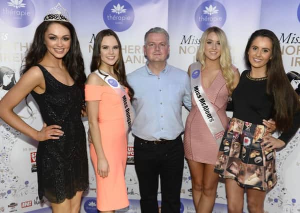 Pictured at the Therapie Miss Northern Ireland heat at McAleers, Dungannon are (from left to right) Rebekah Shirley, Current Miss Northern Ireland, Aoife Cullen, Miss Dungannon, Justin McAleer of McAleers, Nicola Montgomery, Miss McAleers, Jodie Brown, Model at ACA Models. Submitted picture Mark Marlow.
