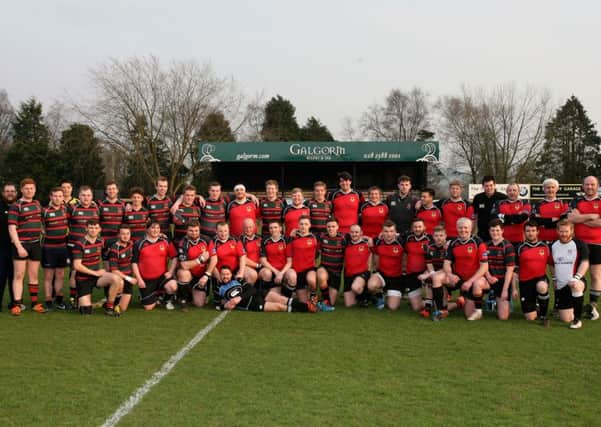 The combined teams of Cambridge House and Ballymena Fourth XV 'Select' who played a charity match at Eaton Park raising money for Macmillan Cancer Support. The match was organised in recognition of former Cambridge House Medallion player Kieran Bowes, who has received treatment for cancer. INBT16-204AC