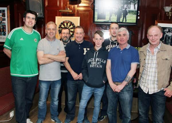 Ready to raise some money for Darell McCrory and Ben Gilmore for their trip to Nottingham as they compete for the N.I. Youth Friendship Team matches were these darts men of the Coach Bar, Ballymena. INBT 17-927H