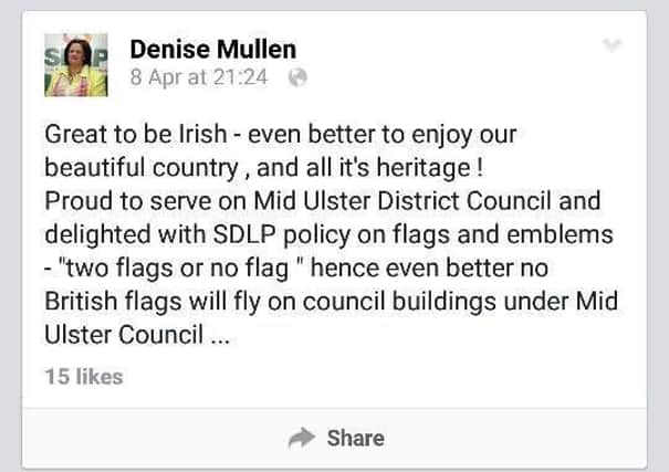 SDLP councillor Denise Mullen's Facebook post has attracted unionist rage