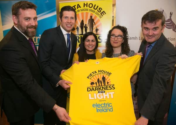 Brian Higgins (Pieta House), Sean Cavanagh, Una Campbell,  Andrea Begley and Patrick McCarney (event sponsor Electric Ireland) launch the Cookstown walk