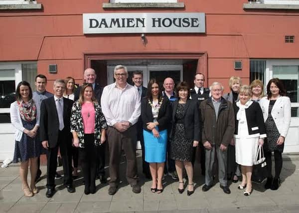 DAMIEN HOUSE 10TH BIRTHDAY!. . . . Gerry Burns, manager, Damien House, Foyle Road, pictured with the Mayor, Councillor Alisha McCallion, local politicians, dignitaries and staff on Thursday afternoon, during their 10th anniversary celebrations. DER1515MC082