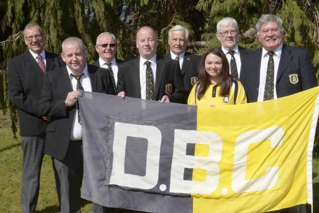 Raising the flag at the start of the new season at Dunbarton Bowling Club are Guest Lesley Adamson, President Francie Doyle, Captain Michael Higgins, Vice Captain Billy Strain and members Peter Ruffold, Paddy Moore, Kenny Kelly and Norman Cunningham ©Edward Byrne Photography INBL1515-217EB