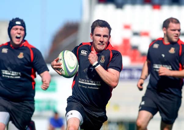 Picture - Kevin Scott / Presseye

Saturday 18th April 2015 -  Gordon West Cup Final - Larne v Limavady 

Pictured is Limavady's Jamie Miller in action during the Gordon West Cup Final at the Kingspan Stadium in south Belfast

Picture - Kevin Scott / Presseye