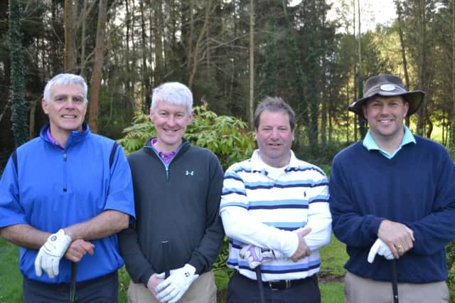 Greg Bailie, Stephen Shaw, Stewart MacDonald and Simon Ingram about to tee off at Lisburn and (inset)  the best gross winner in the Hilden Cup qualifying, Aaron Marshall.