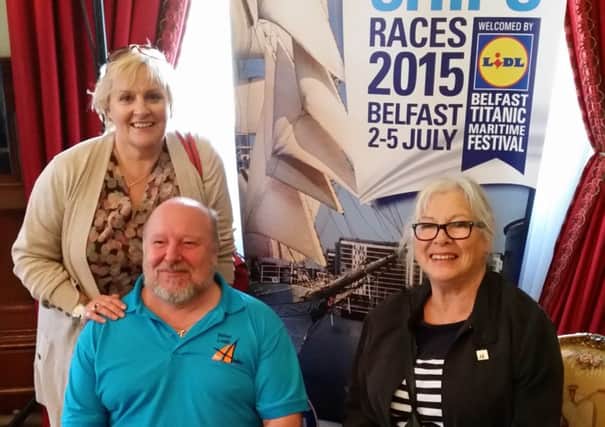Belfast Lough Sailability representatives  Geraldine Duggan, Steve Frecknall and Christine Harper at the Tall Ships launch at Belfast Harbour Commissioners.  INCT 16-730-CON