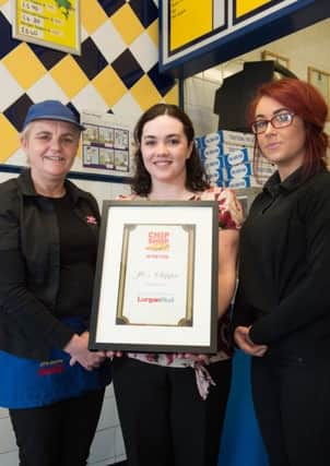 Julie and Grace Catney receive Chippy of the Year award for JC's Chippy in Drumgor Centre. INLM1715-407