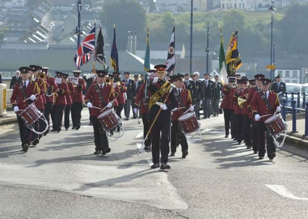 The Britannia Band pictured leading the Cross Community WWI commemoration parade to the War Memorial. INLS3914-134KM