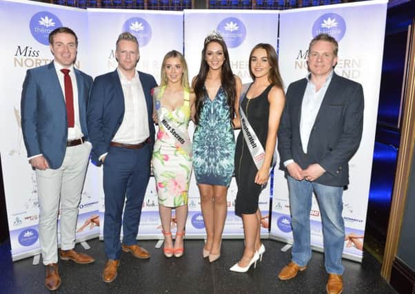 Pictured at the Therapie Miss Northern Ireland heat at Secrets, Magherafelt are: (from left to right) Thomas Niblock, Compere of Secrets heat, Mark Shortt, MD of Therapie Clinic, Nicola Britton, Miss Secrets, Rebekah Shirley, Current Miss Northern Ireland, Emer Stinson, Miss Magherafelt, Henry Mcglone Owner of Secrets. Picture Mark Marlow.