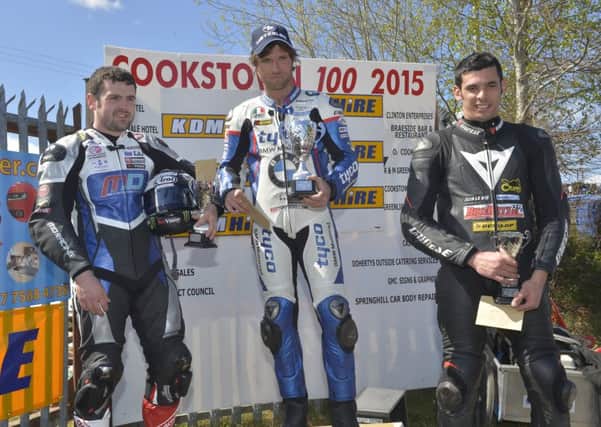 Guy Martin the rostrum with Michael Dunlop (left) and Derek Sheils (right) at the Cookstown 100