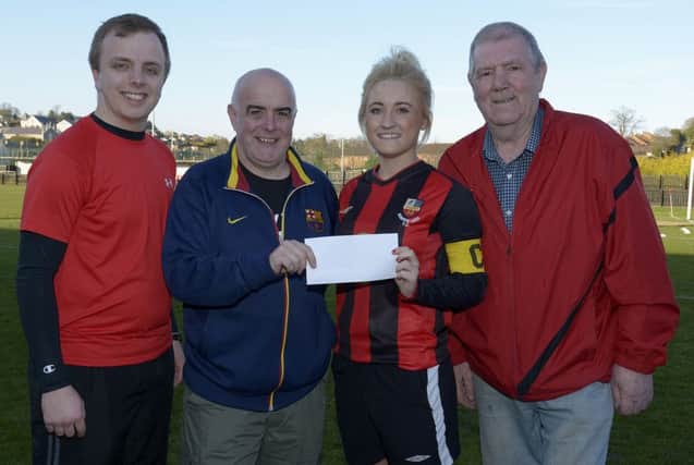 On behalf of Banbridge Town Supporters Club, Terry Sweeney (Treasurer) and Dan Buchanan (Transport Officer) presented match sponsorship to Banbridge Ladies Captain Michelle Spence and Coach Harry Chambers ©Edward Byrne Photography INBL1517-212EB