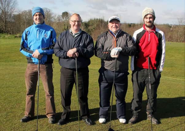 On the first tee at Galgorm Castle Golf Club were David Sterling, Cecil McAleese, David McAleese and David Sterling (jr). INBT 16-902H