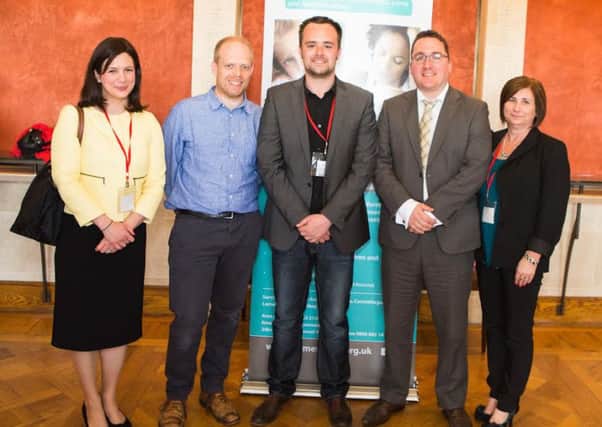 Ruth Forbes, Community Investment Manager, JTI UK; Jonathan Simmance, Ulster Orchestra; Joe Kennedy, Causeway Media Solutions; Sam Staunton, Ulster Orchestra and Fran OBoyle, Service Manager Womens Aid ABCLN attending the launch of My Story at Parliament Buildings, Stormont.  INCT 17-722-CON