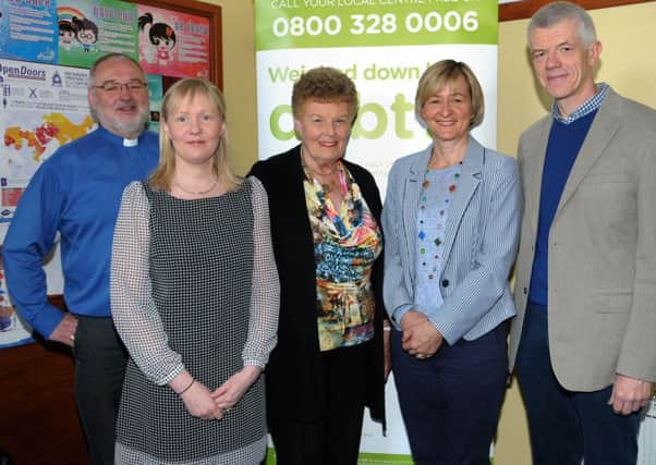 A meeting of the Tuesday Group took place at Larne Methodist Church recently. Pictured are Rev. Tommy Stevenson, Wendy Davison,guest speaker from Christians Against Poverty,Patricia McNeill, Jan McKay and William Rutherford. INLT 17-206-AM