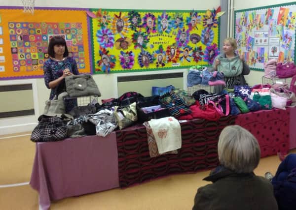 Eleanor Graham and  Sharon Francey, from Second Bloom giving an interesting talk about their business which involves making ladies bags from recycled clothing.