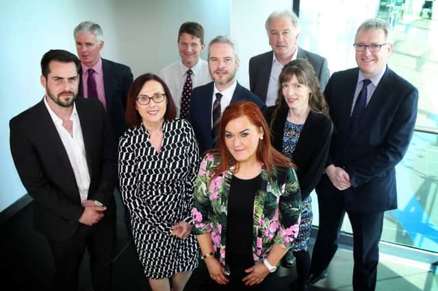 Local business leaders who met to discuss Council Reform: Front (L-R) Sean McAllister, Plot Box; Linda Brown, IoD; Adrian Kerr, Arthur Cox; Anne Donaghy, Mid and East Antrim Borough Council; Karen Dundee, Galgorm Resort & Spa Hotel Back (L-R) Neil Patton, McCue Interior FitOut Solutions; Paul Caves, Stephens Catering Equipment Co Ltd; David Hamilton, Martin and Hamilton Ltd; Trevor Finlay, Vision Asset  Finance Ltd