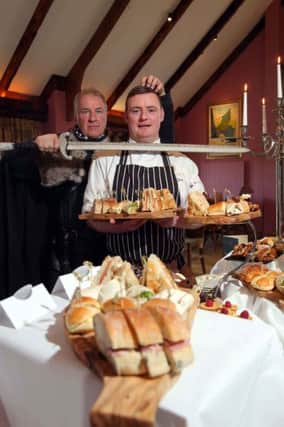 Kevin Osbourne, Executive Head Chef of Ballygally Castle Hotel and William Van der Kells of Winterfell Tours sample the new Game of Thrones Afternoon Tea which is sure to delight fans of the world renowned show as well as those who love the indulgence of a delicious afternoon treat.  The Game of Thrones Afternoon Teas will immerse people into the dark and mysterious mood of the show and are available from 2  5pm Monday to Saturday and 3-5pm on Sundays for only £18 per person.  For further information or to book go to www.hastingshotels.com/ballygally-castle or call 028 2858 1066.