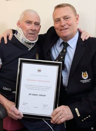 Sam Graham receives an honorary membership of Down Royal Golf Club from club president Martin Fenton. US1517-539cd  Picture: Cliff Donaldson