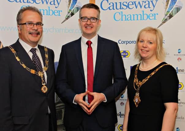 Causeway Chamber of Commerce President Ian Donaghey and Causeway Coast and Glens Mayor Cllr Michelle Knight-McQuillan with David Meade  prior to his Good to Great presentation at the Bushtown Hotel      06  Clancy Photography with David Meade