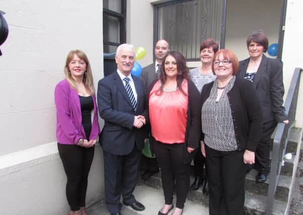 From left to right at front are as follows; Majella McAteer, Business Development Manager of British Deaf Association NI, Alderman Drew Thompson, Chair Derry and Strabane District Council Committee, Sarah Smith, Chairperson FDA, Patricia Clarke, Secretary FDA. 
At back left to right are; Daniel McDaid, Treasurer FDA, Marie Gallen and Siobhan McKeever FDA Committee members.