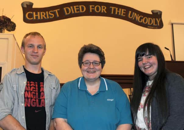 Child Evangelism Fellowship Senior Youth Challenge Choir members pictured after singing at Lisburn CWU Mission Hall on Saturday 25th April.  L to R: Jason Kelly, Angie McKee (Head of Education Department - CEF) and Becky Conroy.