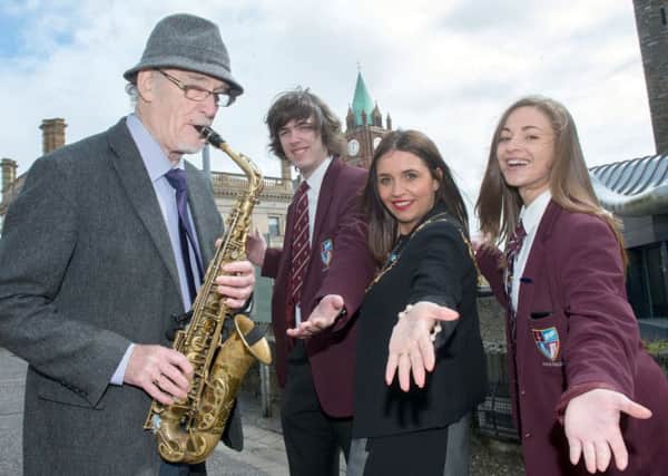 The Mayor, Elisha pictured with Jazz legend Gay McIntyre and the next generation of Jazz performers Jenny Boanca and Jonathan Black from Foyle College Senior Jazz Band as they prepare to perform in the 2015 City of Derry Jazz and Big Band Festival.  Photo: Martin McKeown