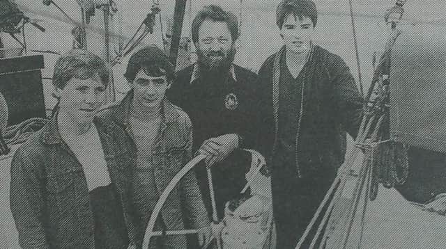 Jim Dowey, captain of the Ocean Youth Club vessel Grania, with (from left) David Finlay, Donald Burns and David Magill at Carrickfergus Marina in 1985. INCT 18-703-CON HIST