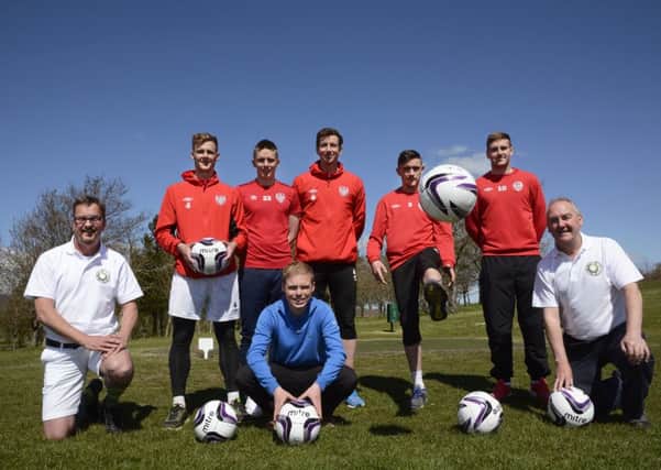 Derry City footballers, from left, Seanan Clucas, Ryan Curran, Shane McEleney, Dean Jarvis and Patrick McEleney pictured at the launch of Footgolf Northern Ireland at the Foyle Golf Centre. Included are, front row from left, Malcolm Allen, Footgolf Northern Ireland, Robert Gallagher, Golf Manager, Foyle Golf Centre, and Pat Stranney, Footgolf Northern Irelland. INLS1815-101KM