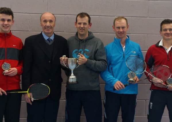 The North West Badminton League Division 1 winners from left to right Josh McMullan, Allan Young (chairman), Ian MacBeth, Alan MacBeth, Vincent DeVenny. Other players (not pictured): Lee Hannigan, Ryan Macbeth, Alan Roulston.