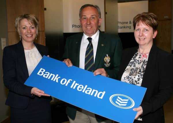 Jan Young (Branch Manager) and Mandy Boyd (Business Advisor), of Bank of Ireland, are pictured presenting sponsorship to Keith Dinsmore, captain of Galgorm Castle Golf Club. INBT18-202AC