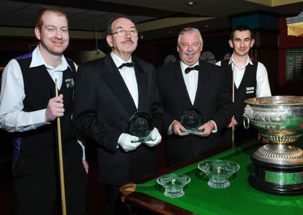 Patrick Wallace, right, with the Northern Ireland Snooker Championship trophy, is pictured with runner-up Jordan Borwn and match referees Liam Hughes and Desi Stinson