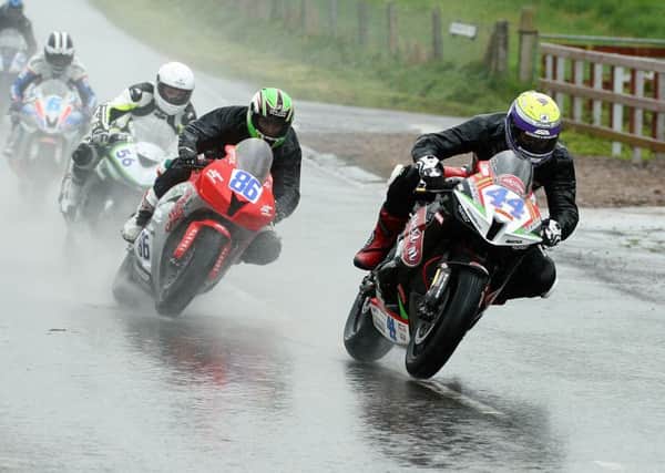 Jamie Hamilton leads Derek McGee, Ballymena's Sam Wilson and William Dunlop in the early stages of the Supersport 600 race at Tandragee. Picture: Roy Adams.