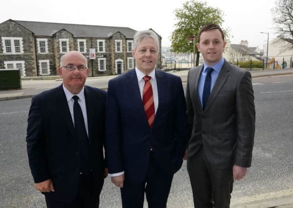 DUP party leader Peter Robinson MLA, pictured during his recent visit in support of Foyle Constituency candidate Alderman Gary Middleton. Included is Lord Hay. INLS1715-117KM
