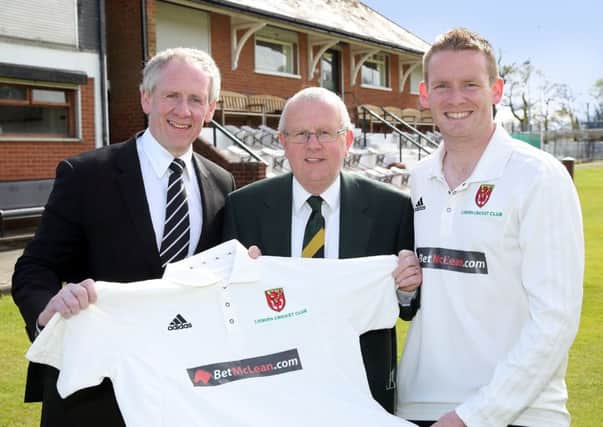 Paul McLean, from McLean bookmakers, with Ian Ross, president of Lisburn Cricket Club, and David Simpson, captain of the first eleven, announcing a new sponsorship deal at Wallace Park. US1517-547cd  Picture: Cliff Donaldson