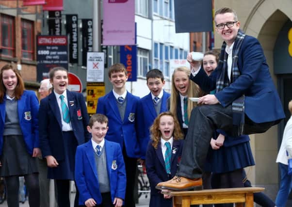 Ilusionist and television mentalist David Meade wowed pupils from St. Killian's College and Wellington College, in Belfast city centre, with a gravity-defying stunt to launch the 2016 BT Young Scientist and Technology Exhibition. Pic by William Cherry/Presseye. INLT 18-665-CON