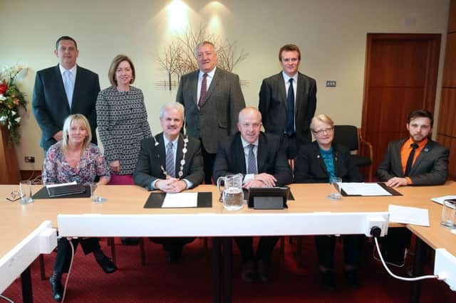 Pictured at the first meeting of Lisburn & Castlereagh City Council's new Health Sub-Committee meeting are (back row l-r); Councillor Andrew Girvin,  Dr. Theresa Donaldson, Chief Executive; Councillor Patrick Catney and Alderman Stephen Martin.  (Front row l-r); Councillor Amanda Grehan, Vice-Chair; The Mayor, Councillor Thomas Beckett;  Alderman James Tinsley, Chair;  Councillor Margaret Tolerton and Councillor Johnny McCarthy.