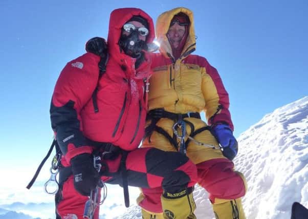 Dromara man Noel Hanna (right) with Dublin man Derek Mahon during a former climb to Mt Everest.