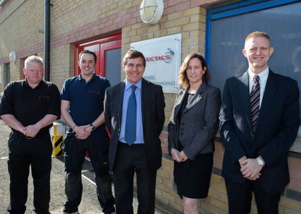 Pictured (l-r) at the new premises in Mallusk are Synectics Mobile Systems Alister McKeever (engineer), Andrew Allan (engineer), Jeff Fail (managing director), Louise Donaldson (operations director) and Gary Shields (sales and service manager, Ireland). INNT 20-507CON