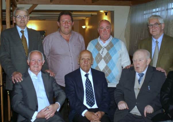 Some of the Hooded Men who took part in a lecture in Lurgan on Friday night